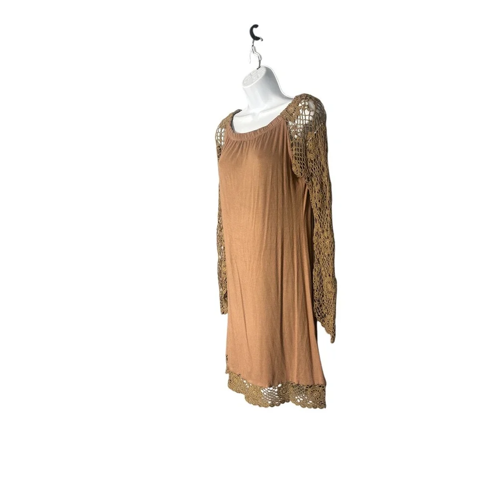 Union of Angels Brown Crochet Sleeve Dress M‎ Casual Boho Coastal Cowgirl